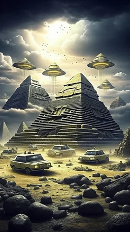 Ancient pyramids with fururistic technology, homes around. People driving spaceships. Thunderstorm