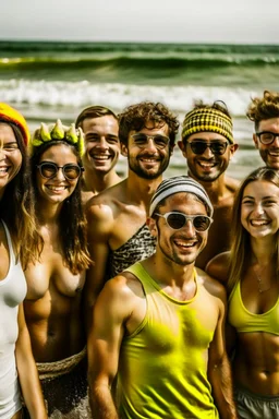 a group of friends about to swim at the beach