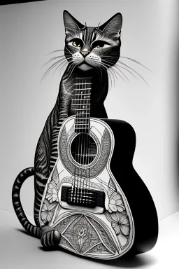 One single mature Siam cat, friendly, playing guitar, vienna, sunny day, perfect iris, model style, hyper realistic, extremely accurate, delicate, extremely detailed, Graphic novel style, wide-angle, open aperture, superfine pencil