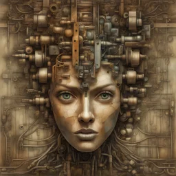 Picasso and Peter Gric masterpiece illustration of a front complex biomechanical woman colored face mixed to supplies (detailed eyes, nose, mouth , neck), made of various colored metal objects all around and inside head, centered composition, HDR, UHD, all in focus, clean face, no grain, concept art