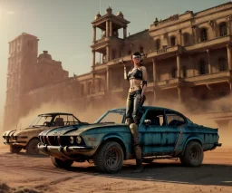 Realistic image. Mad max car. BMW 4 series, 2023 version. add mad max style woman standing in front of car. 4k resolution, intricate details, ornate details, soft lighting, vibrant colors, retroanime, futuristic cityscape background