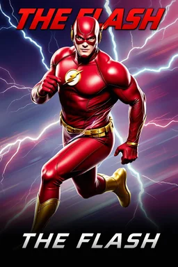 1/4 side view, looking at the viewer, Movie Poster - "THE FLASH" - A massive, thick, extremely muscular, 7'8" tall man, ((skintight, formfitting, long-sleeved, red spandex bodysuit:1.5)), ((gold knee-high boots:1.5)), ((gold wrist gauntlets, red fingerless gloves, gold, double holstered utility belt:1.5)), ((skintight, formfitting, red spandex helmet with red eye disguise,:1.5)), Running in the speedforce, multicolored lightning emanating from his body, an overly exaggerated muscular stature
