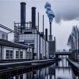 a photograph of a factory polluting the environment from the outside, grey colors