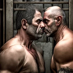 realistic, two italian prisoners 44 years old kissing in prison behind bars, dirty, ugly, bullneck, muscular chubby, in tank top, long hairs, manly chest, misery and poverty, emotive eyes, photo 50mm lens, side view, photorealistic, ultradetailed