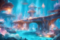 Monde merveilleux aquatique, chateau cristal, pierre précieuse, eau turquoise, rayons de lumière, peities lumière, cristaux , perles de lumière