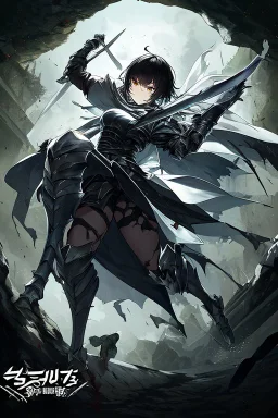 Anime girl with short black hair and sharp green eyes holding a sinister spear, full body black and white metal plate armour, full body shot, Dark lighting,1woman, soaked in blood,Warrior