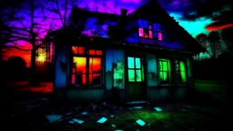 Casa abandonada con los cristales rotos por los que se escapan chorros de líquido de colores vivos en un ambiente oscuro y amanecer