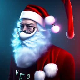 All Black Santa, ghost, wearing high tech mask, white smoke, dark, rage, high definition, ultra 8 k, volumetric lighting, blue fire, fog red rain