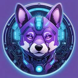 draw a round logo of a cute cartoon purple Shiba inu dog with cybernetic modifications, with a blue glowing button on the forehead and sensors pointing from the button to the ears and muzzle. A light blue circuit board fills the cheek background.