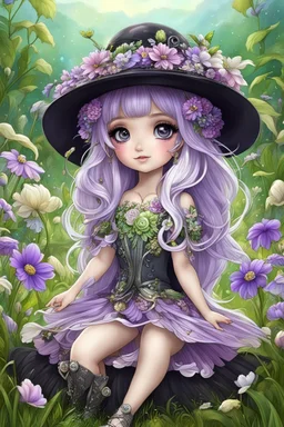 cute happy fairy girl with little wings and rounded ((purple eyes)), big long silver hair, sitting her nice hat a tiny black (kitty with green eyes) , chibi, 3d anime character, detailed, fantasy style, nice picture in the big meadow with pale colors flowers