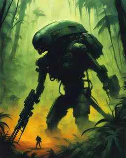 hidden predator [art by John Paul Leon and Zdzislaw Beksinski] in the jungle tactic squadron member trained to kill PREDATORS, helicopterus alien with a lot of mini guns