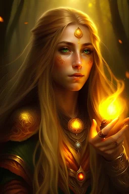 Female eladrin druid. Makes fire with her hands. Fire abilities. Long golden hair with fire texture. Eyes with fire reflection. A scar over left eye.