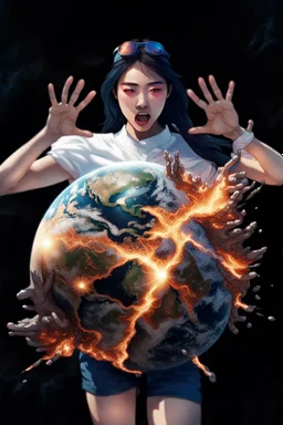 An image of a young Korean woman with a surprised expression, holding her hands up as if she is reacting to a catastrophic event in front of her. She is wearing a white blouse with detail, blue shorts, and sunglasses pushed up onto her head. In front of her, there is a highly detailed planet resembling Earth, dramatically cracking and breaking apart with fiery explosions and molten lava visible at the fractures. Debris is flying outward from the planet. The background is stars/space