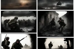 Masterpiece1:5)(Fineart), (award-winning:1.5), highest quality, (ultra realism:1.5) war journalism(,(by Tim Page and Hoorst Faas:1.5)),(Eastern Ukraine:(panel one:the moment after a battle ends, horrors of war, wounded men),(2nd panel, cinematic shot of men sitting in trench with 1000 yard stare (focus on their eyes:1.5)),(the third panel shows troops tired but hyper alert), (the fourth panel shows the sky is filled with incessant, fire and smoke everywhere,)