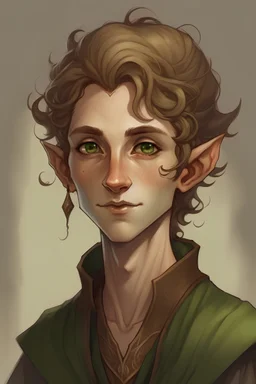 Androgynous, small-eared, green-skinned wood elf with light brown, short, loosely curly hair.