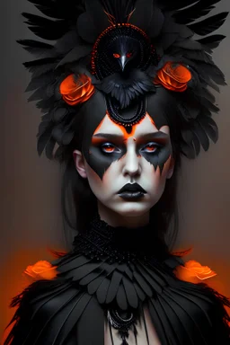 Beautiful young faced goth vantablack woman portrait, adorned with black Crow feathered headdress ribbed with black onix ad obsidian, white pearl colour and orange opal gradient, black and orange colour gradient roses headress and art nouveau gothica feathered textured leather dress ribbed with orange opal and obsidian stone wearing half face black feathered masque organic bio spinal ribbed detail of under the moonlight extremely detailed hyperrealistic maximálist conceeptportrait