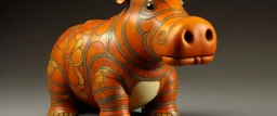 A light rosy orange colored earth elemental hippo designed in African masks painted by Antoni Gaudi