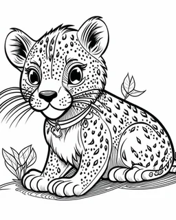 create a 2d black outline, "safari smiling cartoon baby gepard coloring book for toddlers", coloring page, low details design, black contour, coloring page design, simple background, colorful , card style, coloring page for kids, white background, sketch style, safari landscape, cartoon style