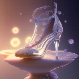 a glass slipper, a hyperrealistic photo, transparent body, crystal, shells, pastel colours flowers and leaves transparent, professional light, rock, rococo, Artstation, intricate detail realism hdr, intricate detailed 8 k, with ornate jewelled, intricate detailed 4 k