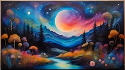Resin painting depicting a dreamlike landscape under the night cosmos on Vellum canvas, silhouette of a subdued, ethereal anthropomorphic creature in harmony with the wild, vibrant colors, meticulous details, rich textures, immersive composition, atmosphere of mystery and enchantment, where reality and imagination merge, surrealism, fantasy, nature, vibrant colors, intricate details, rich textures, mystery, encaustic style, etching technique mimicking printmaking, ultra fine, digital painting.