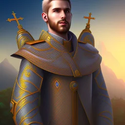 A handsome npc standing in front of a church, futuristic design, a paradise in background, close-up face