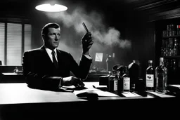 Mickey Spillane’s Mike Hammer in the shadows of his detective office, he is a silhouette, a bottle of whiskey and a glass on the desk, a cigare fumes in his hand extended to the glass. She silhouette could be a man or a woman