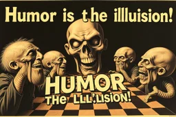 "Humor is the illusion!" propaganda poster in the style of Rembrandt, Escher and Giger