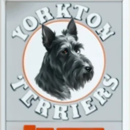an orange circle containing a black and white image of a Scottish terrier