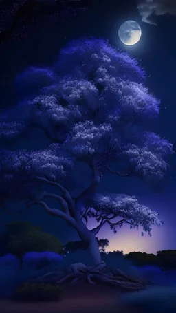 Image of a jacaranda Tree, CLOUDS,moonlight,photorealistic,contrast,4k,Cinema 4D, High angle perspective, DSLR camera, Dramatic scene,ultra realistic