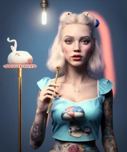 Ultra realistic portrait, wonderland, happy blonde Alice smoking a pipe, blue dress accompanied by elegant anthropomorphic white rabbit, circus dress style, old school tattoo, laughter, smoke, marijuana garden, mushroom lamps, glow eyes, perfect iris, soft color, highly detailed, unreal engine 5, ray tracing, RTX, lumen lighting, ultra detail, volumetric lighting, high definition.