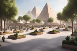 public area with 3 pyramids, modern street seating , planters, bazaars.