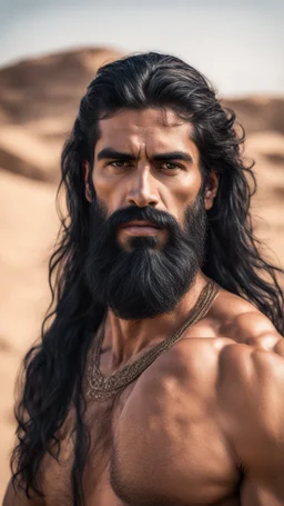 An Arab man in the desert, tall and strong, with long black hair and a thick beard. A long face, a large nose, a thick face, and sharp black eyes. A solid and muscular body with a strong build.