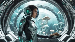 woman wearing an android suit standing inside the interior of an alien spaceship, with a large window, with mushrooms with jellyfish tentacles outside tentacles outside