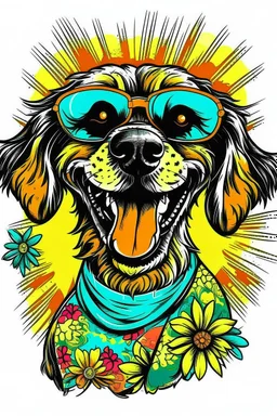 A groovy DOG with a wide, toothy grin, rocking sunglasses and a flowered shirt. Style: Pop Art, Mood: Fun and Funky, Lighting: Bright sunlight, T-shirt design graphic, vector, contour, white background.