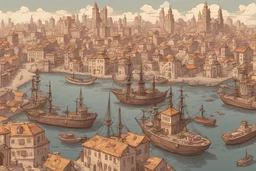 Cidade perto de um porto do mar imensa com várias construções, navios e coisas antigas, visao orisontal, inspiração em game of trones