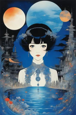 Harry Clarke, Seiji Fujishiro, János Vaszary, Mahiro Maeda, Alice Russell Glenny, Surrealism, wonder, strange, bizarre, fantasy, sci-fi, Japanese anime, before the blue dawn at 4am, a union of water and fire, a city emerging from the depths of the night, a beautiful high school girl, perfect voluminous body, detailed masterpiece