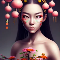 portrait of a Chinese woman, cute, fantasy, with flowers in her hair, big eyes, cute red nose, frecles