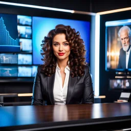 amodern tv studio a beautiful girl perfect face curly hair in official clothing sitting next to desk presenting news looking at camera, with picture of an old man in tv screen at background