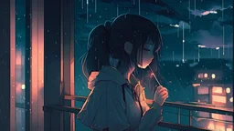 Аниме девушка курит на балконе ночью под дождём