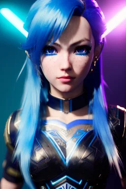 Smirking anime fighter, light blue hair, blue eyes, facepaint, up portrait, 8k resolution, intricate details, ornate details, soft lighting, vibrant colors, retroanime, masterpiece, realistic details, clear completion intricate eyeliner, dark eyeshadow, eyes, intricate tattoos, futuristic cityscape background