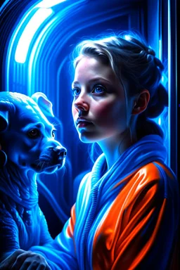 portrait of dog on a karate girl in the style of giger, spraypaint, photorealism, trending on artstation, 8k, depth of field, downlight, lightrays, volumetric, white hall podium, blue and orange