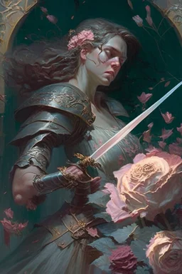 Without a moment's hesitation, Agatha, wielding her sword adorned with carved flowers, seized the opportunity. With a swift and precise movement, she struck beneath the tyrant's shoulder, piercing through his defenses and driving him to his knees.