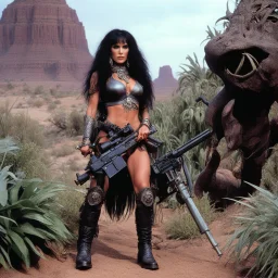 tattooed Julie Strain in action, standing in the middle of the badlands jungle surrounded by luxuriant flora - Heavy Metal F.A.K.K.2 her machine-gun in hand (shot from The Dark Crystal, 1982 dark fantasy film directed by Jim Henson and Frank Oz)