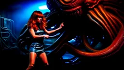 Full-body retro photo of a woman with straight hair and a Fringe, in a fight with a monster, wrapped in tenacles, in an action pose, sci-fi Background