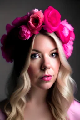 Frau blond mit Blumenhut rosa