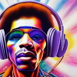 a realistic picture of Jimi Hendrix at a turntable with headphones on being a DJ, vivid color, with sunglasses, psychedelic trippy art, with UFOs in the background