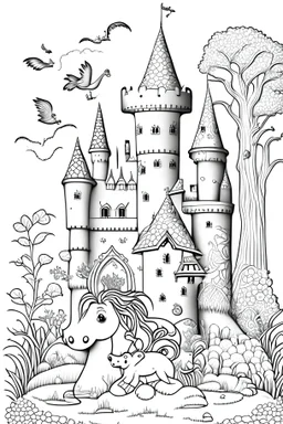 clipart easy colouring book in black and white for children of fantasy castles and magical animals