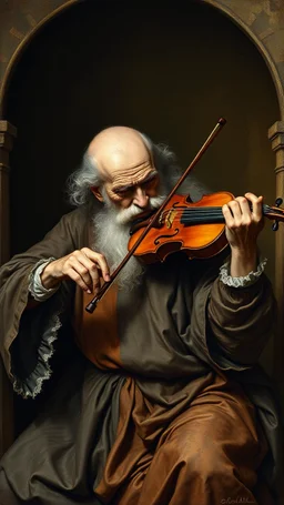 Hieronymus Bosch style , an old man playing the violin