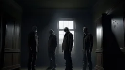 4 men zombies in adark room look at the sky