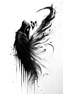 A realistic drawing in negative space black ink on white background of a beautiful reaper taking a soul with abstract brushstrokes design baroque